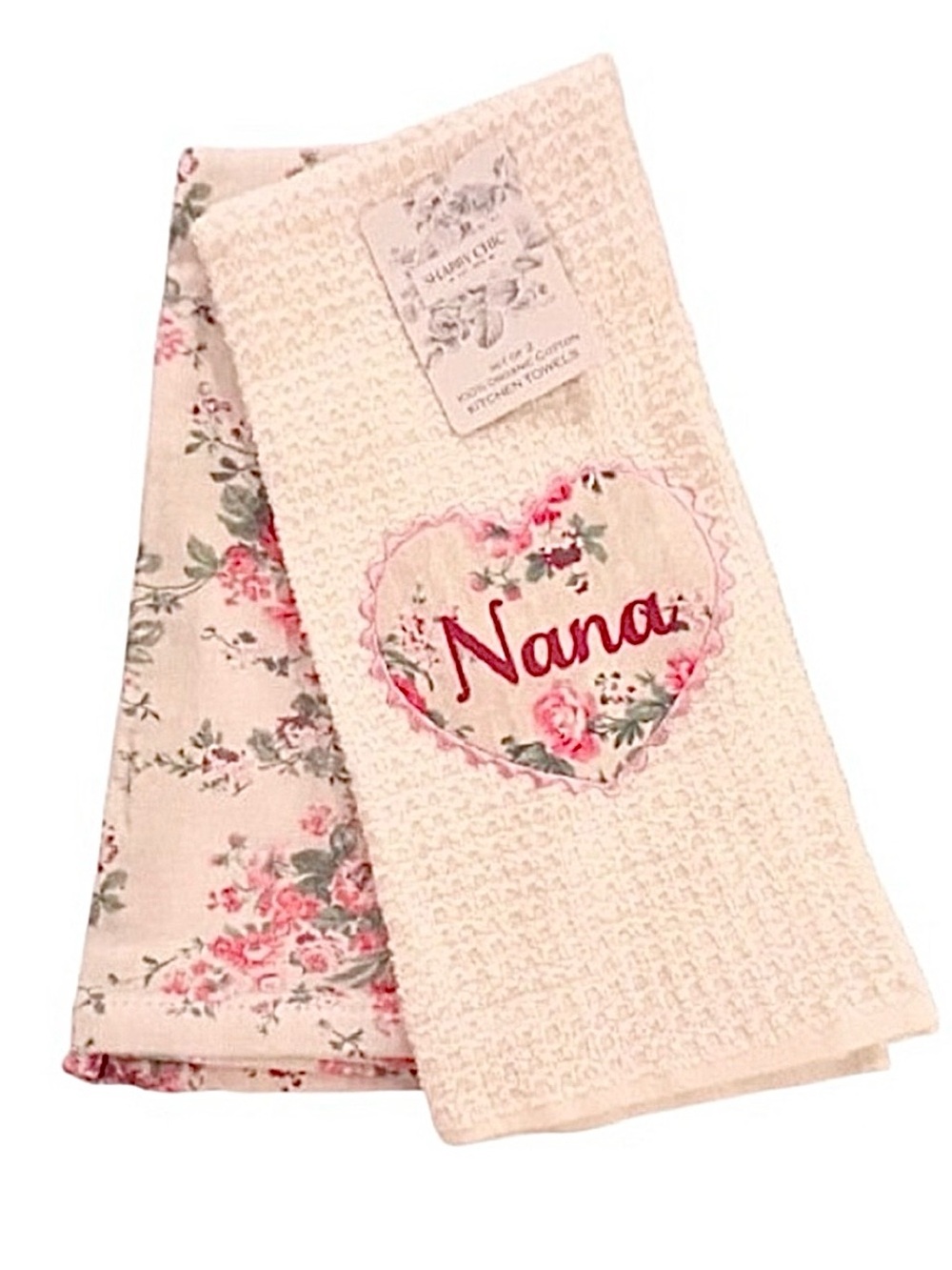 🆕- Shabby Chic Set/2 "Nana" Organic Cotton Floral Kitchen Towels